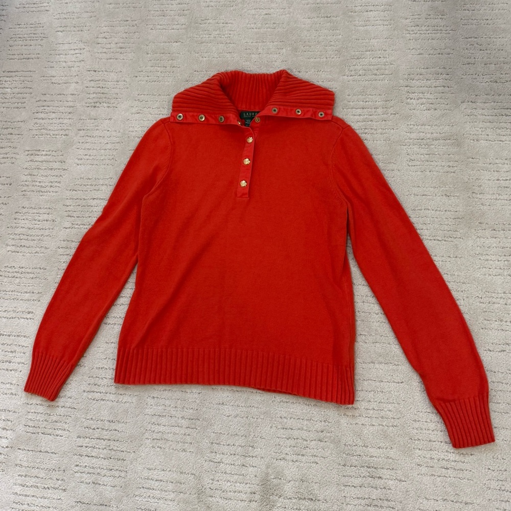 Lauren Ralph Lauren Red Snap-Button Polo Collar Women’s Sweater